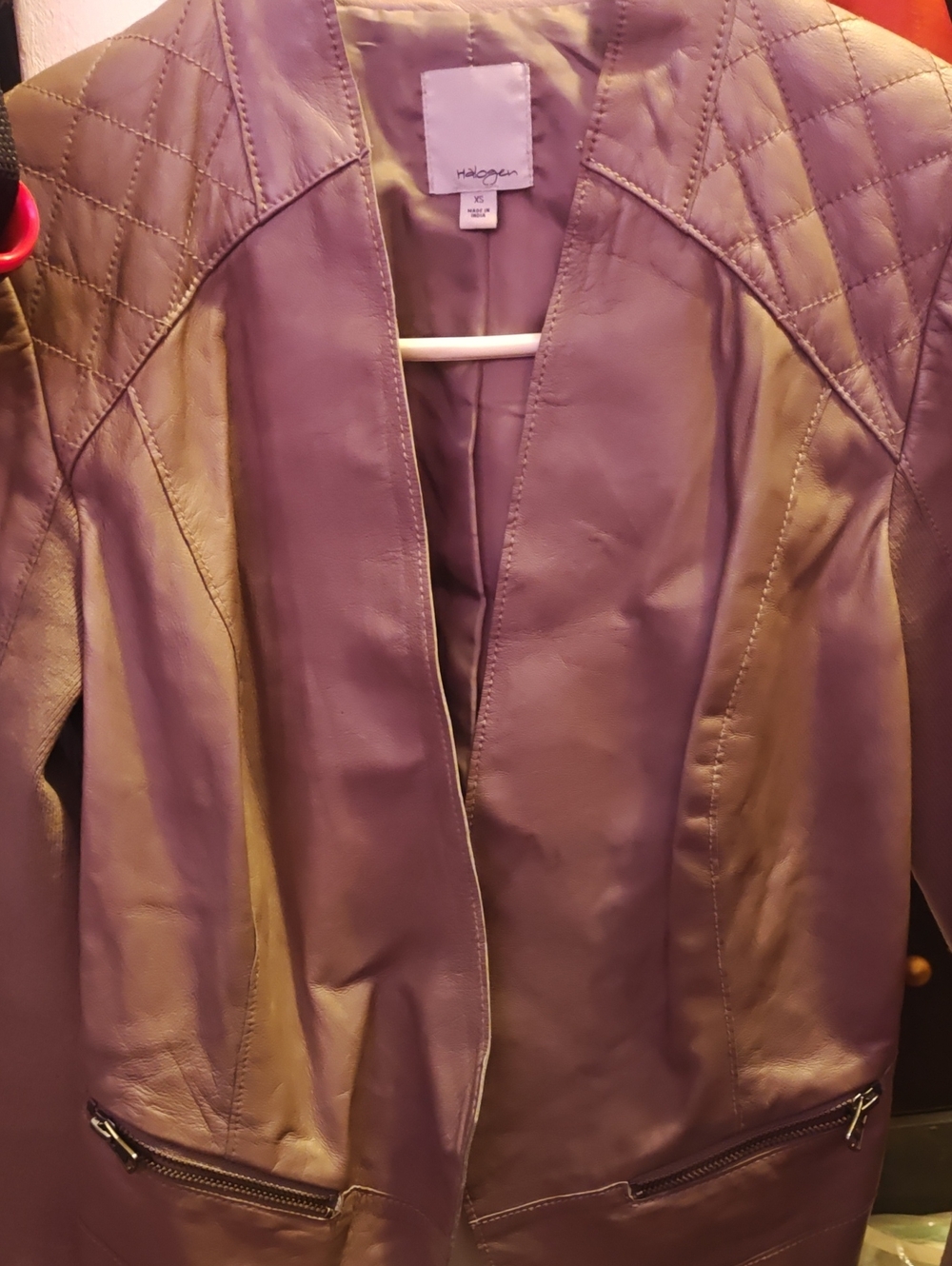 Halogen Tan Open-Front Leather Jacket with Quilted Shoulders